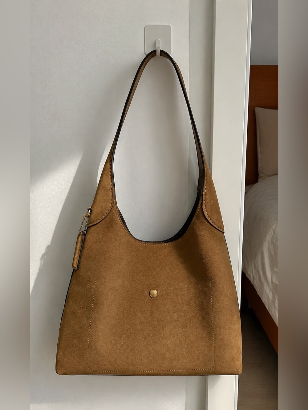 Coach Tan Suede Shoulder Bag with Gold-Tone Accent